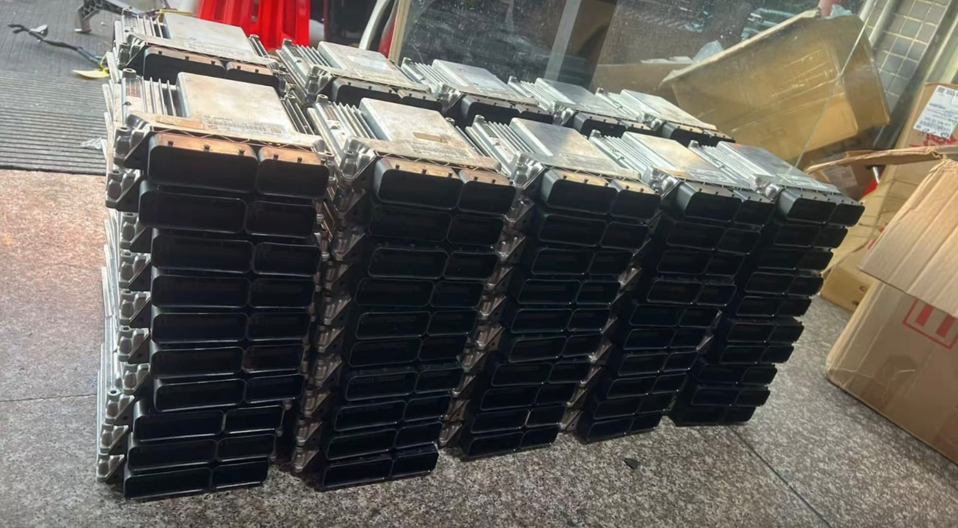 Rows of Bosch engine ECUs ready to ship